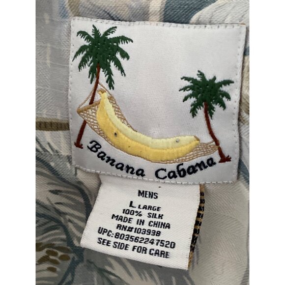VTG Banana Cabana Shirt SS Hawaiian Palm Tree Cream Blue Button Front Chest L - Picture 8 of 8